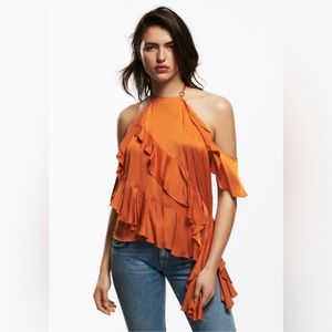 NWT Zara Cold Shoulder Ruffled Satin Effect Burnt Orange Top, Size S